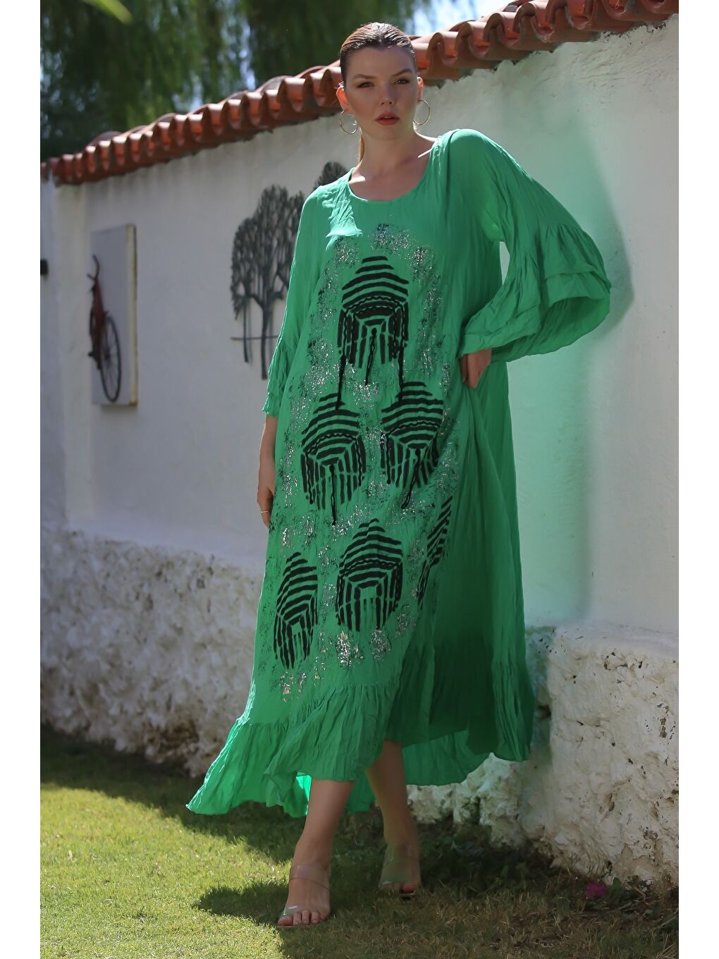 İtalyan Yeşil Havuz Yaka Volanlı Kol Astarlı Varak Baskılı Casual Oversize Dokuma Elbise 138 65-2