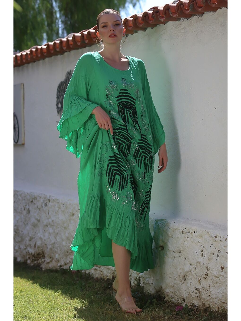 İtalyan Yeşil Havuz Yaka Volanlı Kol Astarlı Varak Baskılı Casual Oversize Dokuma Elbise 138 65-3