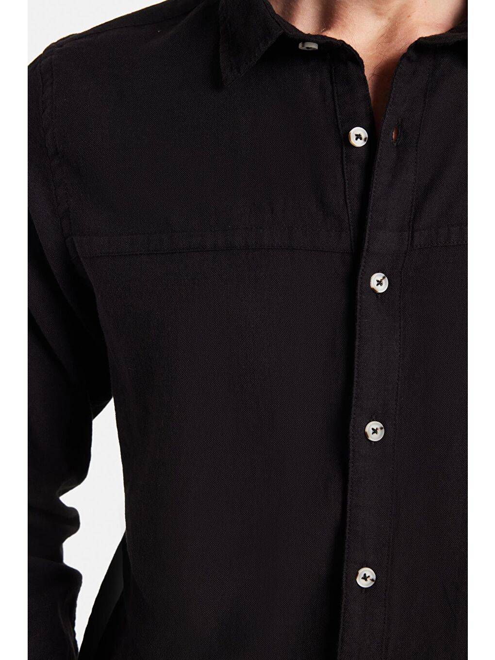 Erkek Slim Fit Dar Kesim Uzun Kollu %100 Pamuk Keten Doku Siyah Gömlek-2