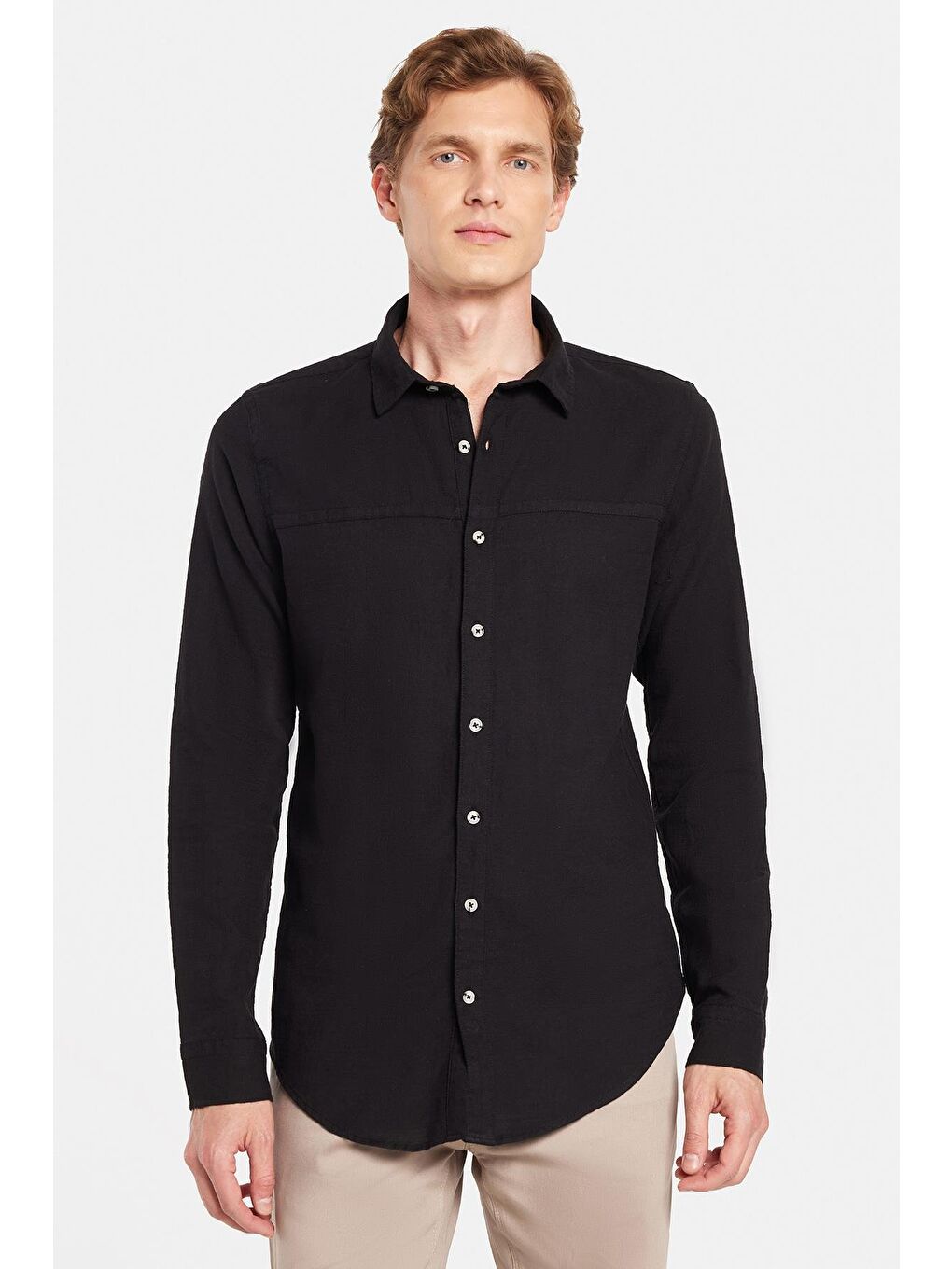 Erkek Slim Fit Dar Kesim Uzun Kollu %100 Pamuk Keten Doku Siyah Gömlek-3