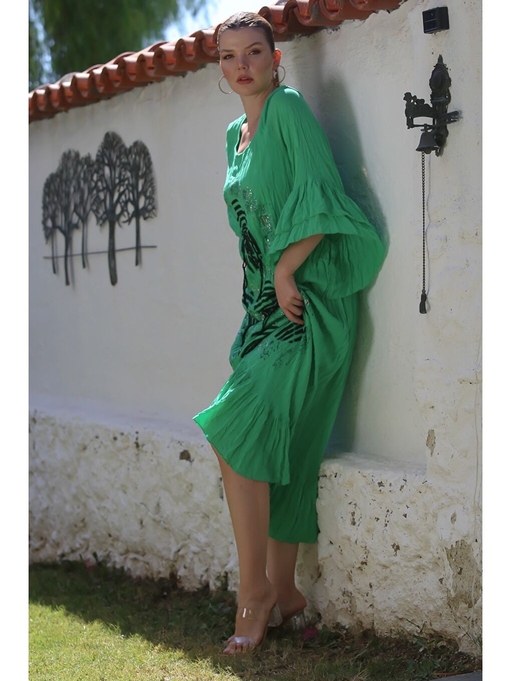 İtalyan Yeşil Havuz Yaka Volanlı Kol Astarlı Varak Baskılı Casual Oversize Dokuma Elbise 138 65-6