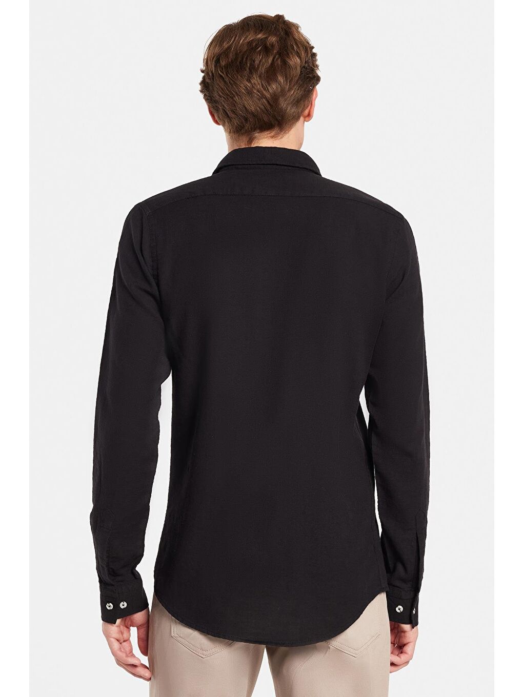 Erkek Slim Fit Dar Kesim Uzun Kollu %100 Pamuk Keten Doku Siyah Gömlek-4