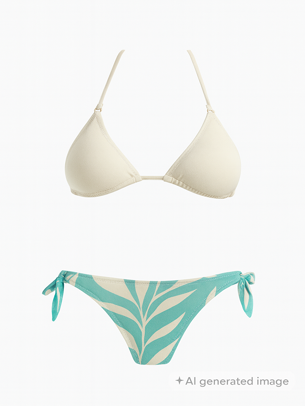 Kadın Bej Simli Boyundan ve Belden Bağlamalı Üçgen Bikini Üstü