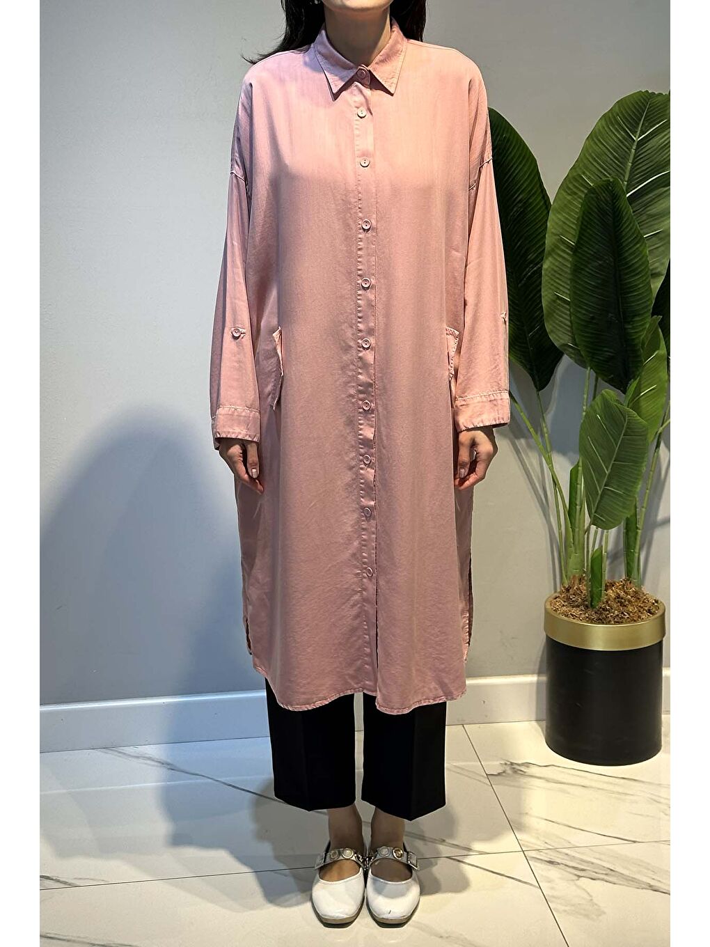 Lyocell Gömlek Uzun Tunik 7509 Pembe-1