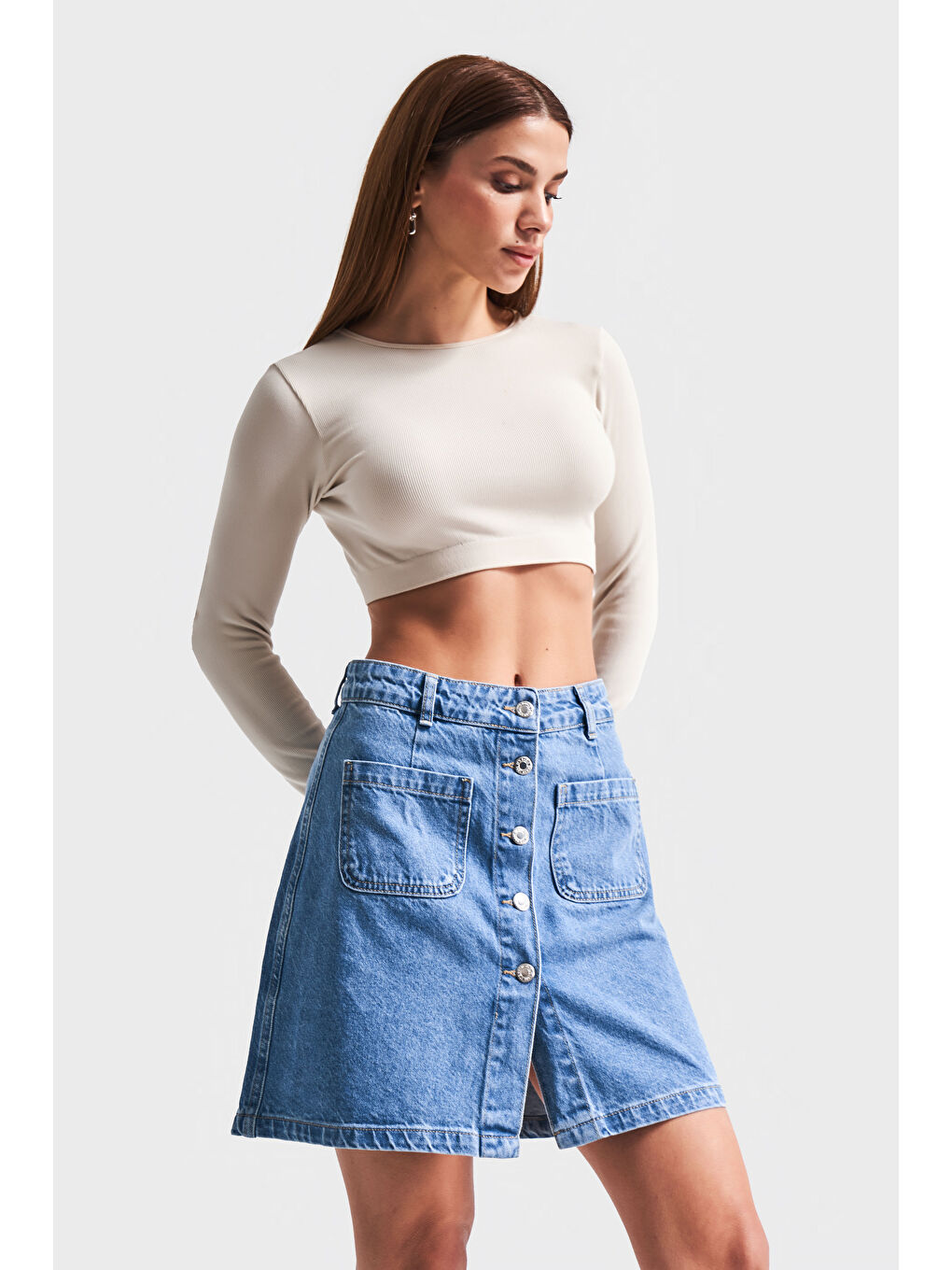 Mavi Kadın Jean Rengi 1S54 Önü Düğmeli Cepli  100 Pamuk Denim Etek