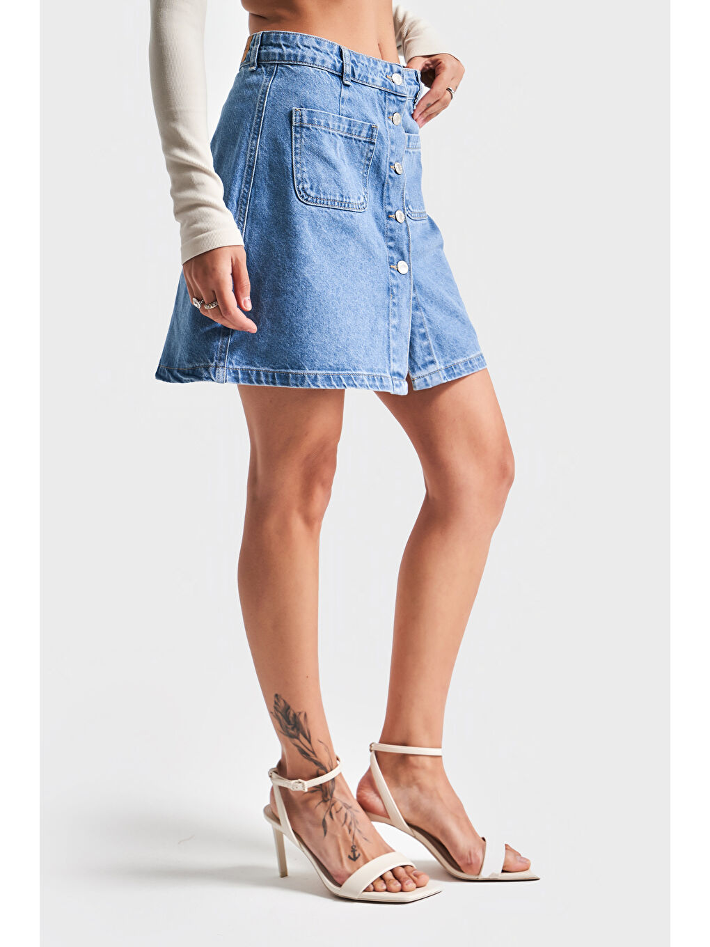 Mavi Kadın Jean Rengi 1S54 Önü Düğmeli Cepli  100 Pamuk Denim Etek-1