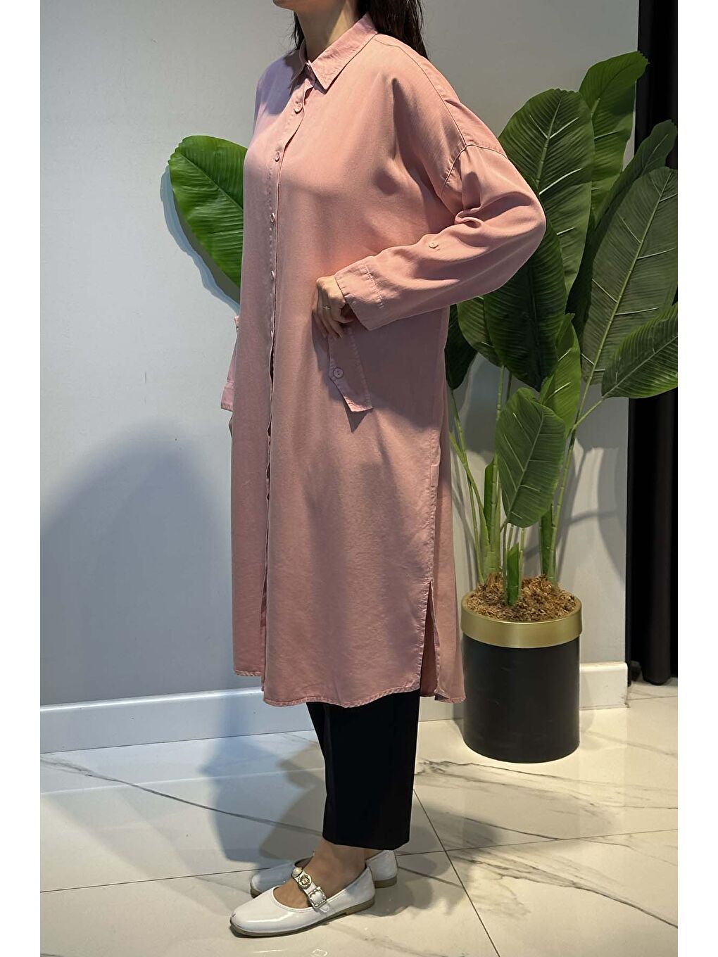 Lyocell Gömlek Uzun Tunik 7509 Pembe-2