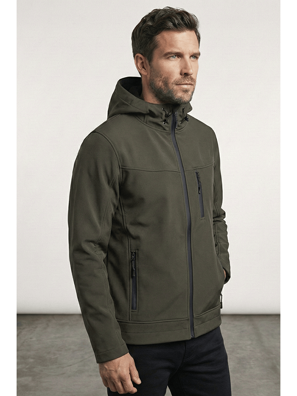 Haki Erkek Mont İçi Polarlı Softshell Mont Su ve Rüzgar Geçirmez Kapüşonlu Spor Mont-1