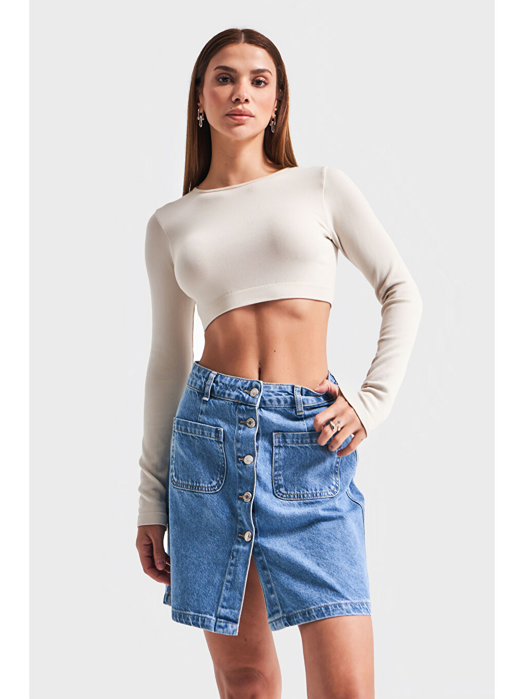 Mavi Kadın Jean Rengi 1S54 Önü Düğmeli Cepli  100 Pamuk Denim Etek-3