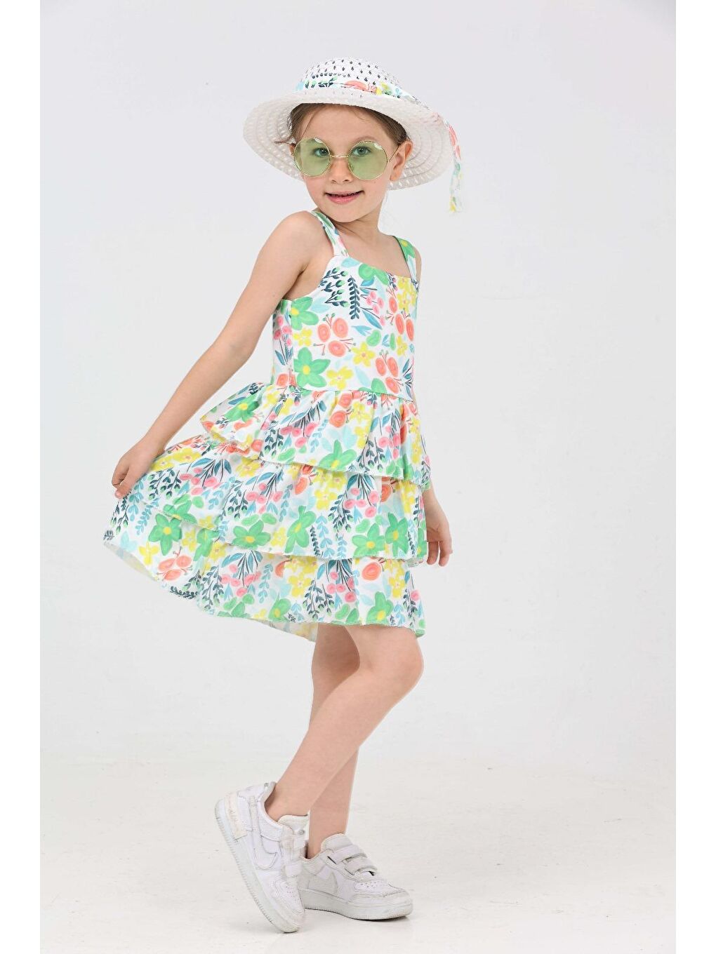 Yeşil Kız Çocuk Yesil Şapkalı Fırfırlı Elbise - 27210-2