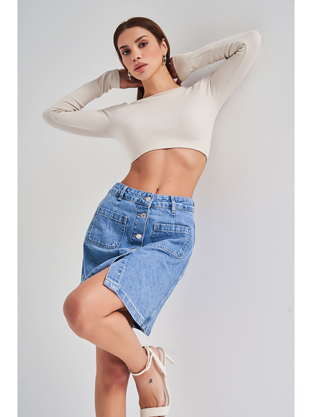 Mavi Kadın Jean Rengi 1S54 Önü Düğmeli Cepli  100 Pamuk Denim Etek-4