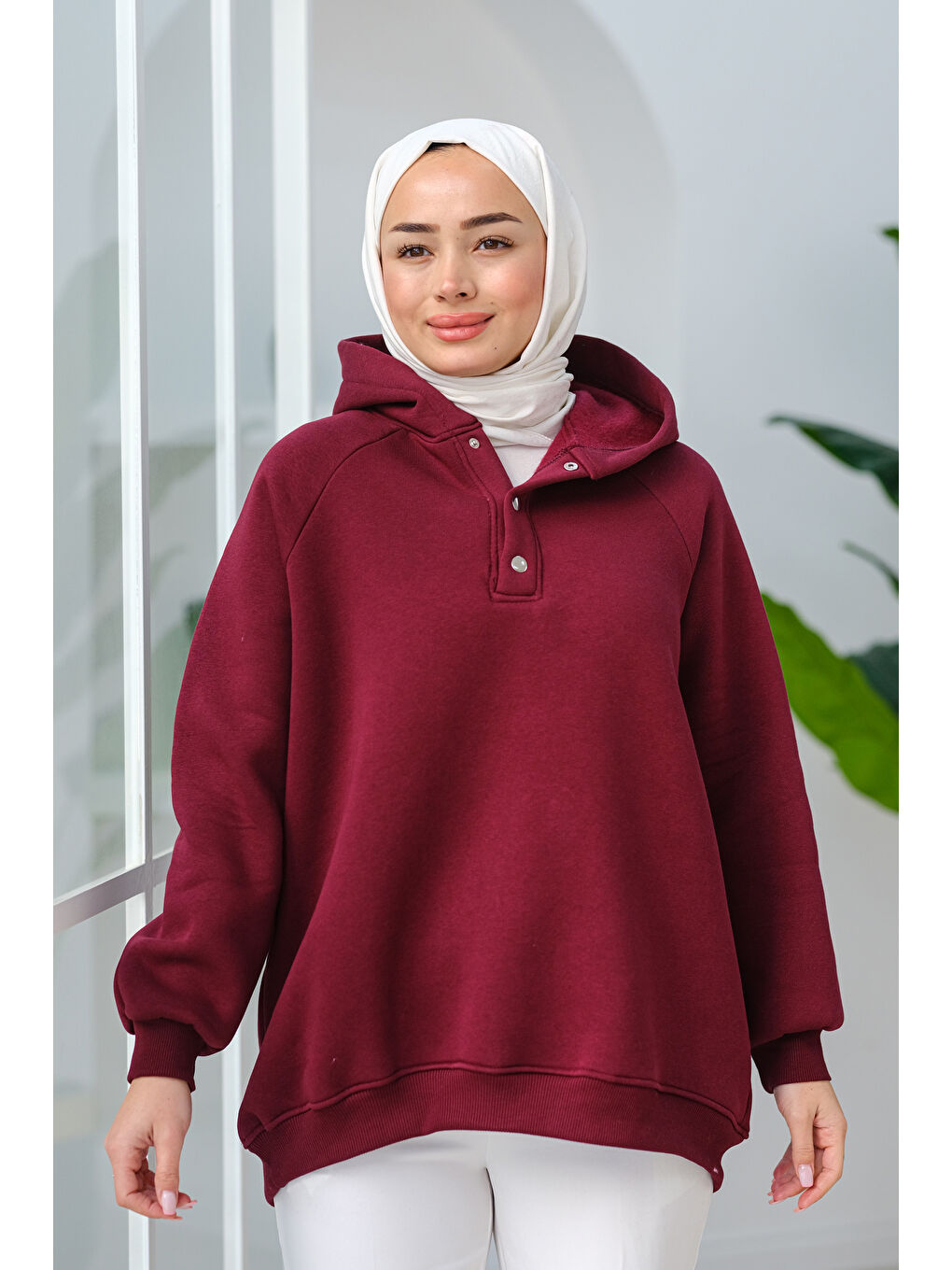 Locco Moda Çıt Çıt Detay Kapüşonlu Sweat Bordo