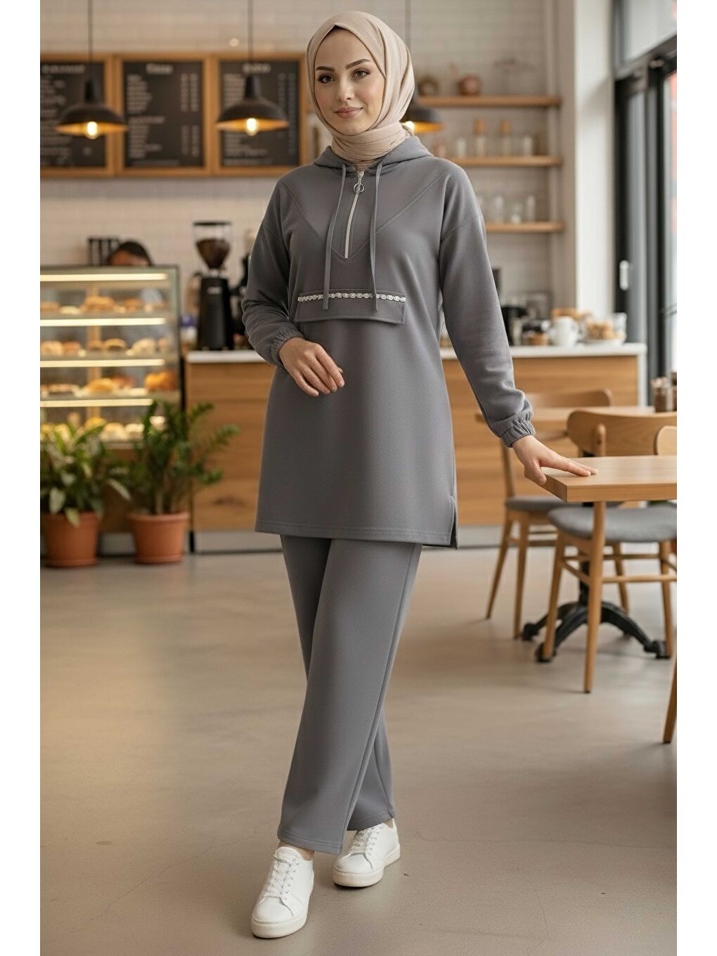 Gri Taş Detaylı Bileği Lastikli Modal İkili Takım Füme - 1001-FUME-1