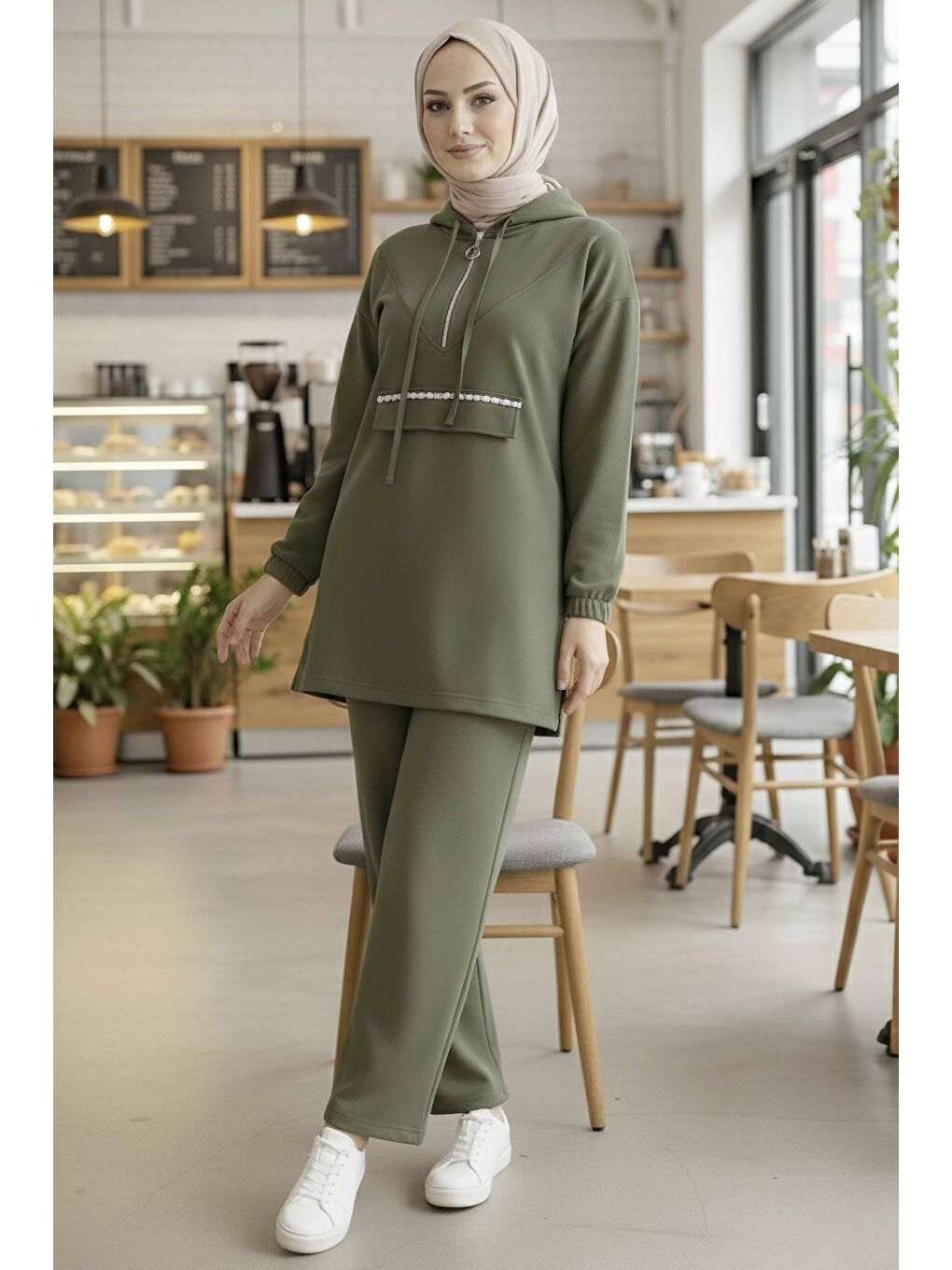 Taş Detaylı Bileği Lastikli Modal İkili Takım Haki - 1001-HAKI