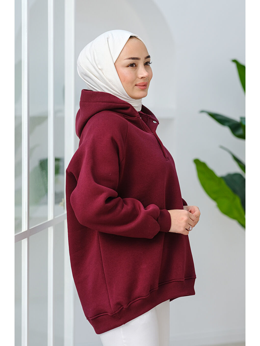 Locco Moda Çıt Çıt Detay Kapüşonlu Sweat Bordo - 1