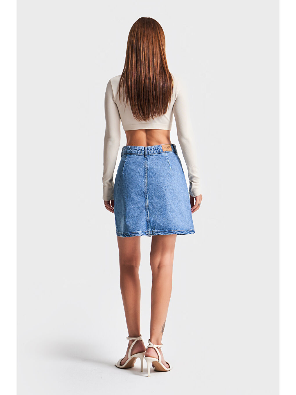 Mavi Kadın Jean Rengi 1S54 Önü Düğmeli Cepli  100 Pamuk Denim Etek-5