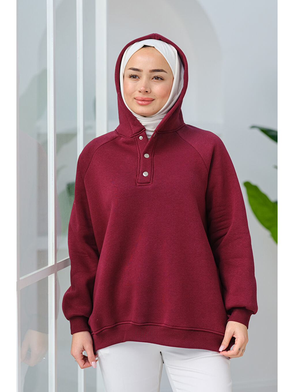 Locco Moda Çıt Çıt Detay Kapüşonlu Sweat Bordo - 2