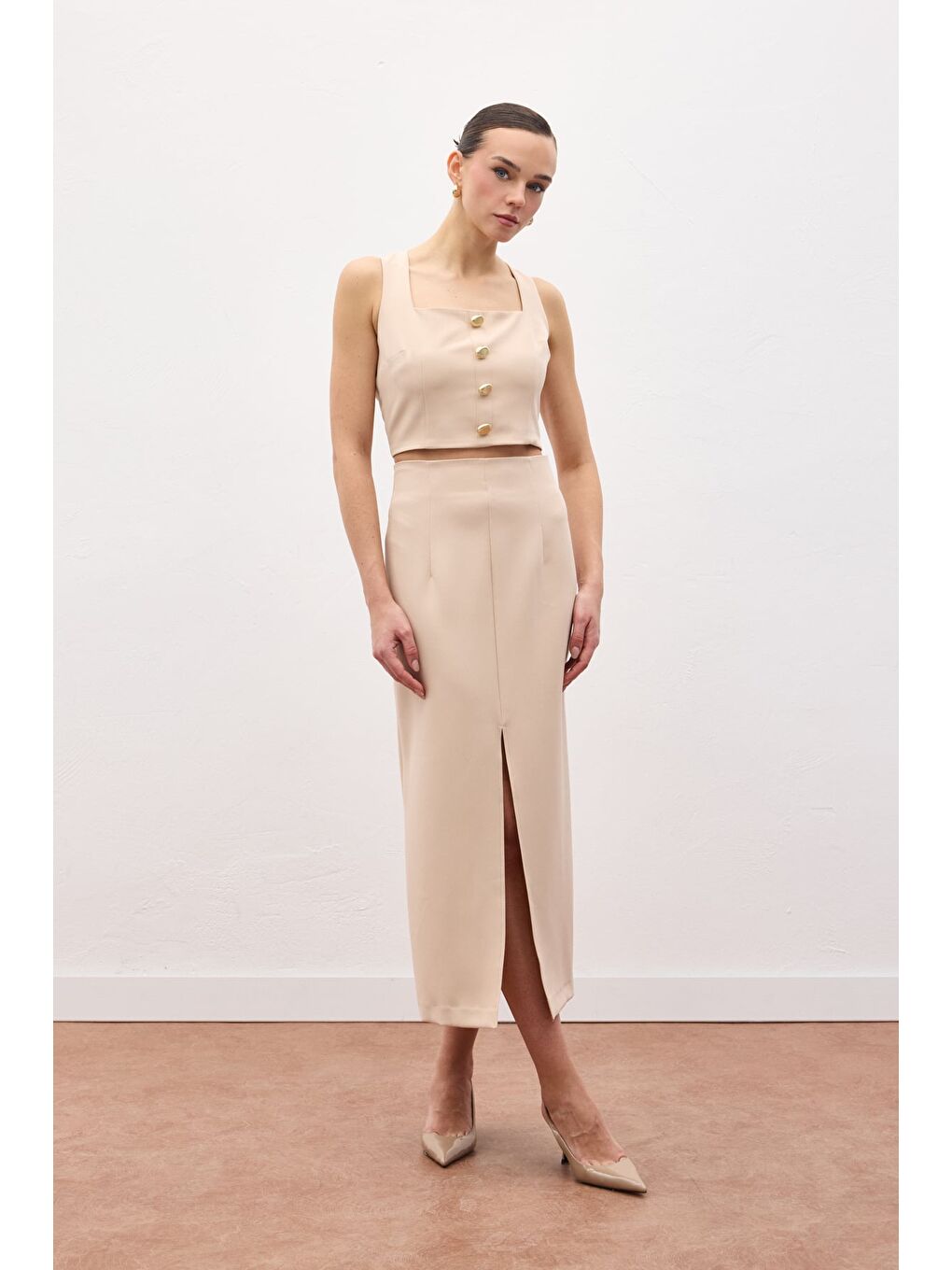 Yırtmaçlı Midi Etek - Bej-1