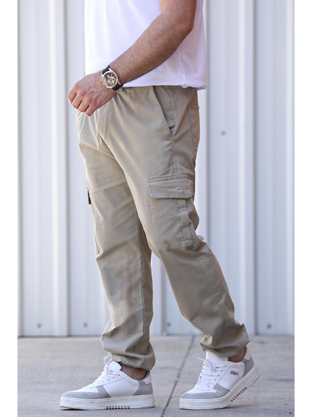 Bej Bel ve Paça Lastikli Kargo Cep Erkek Pantolon