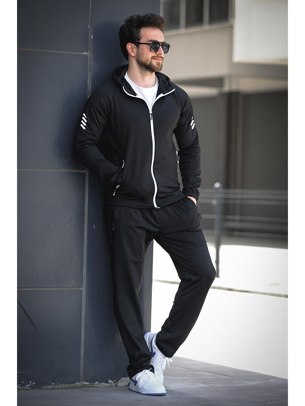 Siyah Remi Slim Fit Dalgıç Kumaş Kapüşonlu Fermuarlı Erkek Eşofman Takımı-1