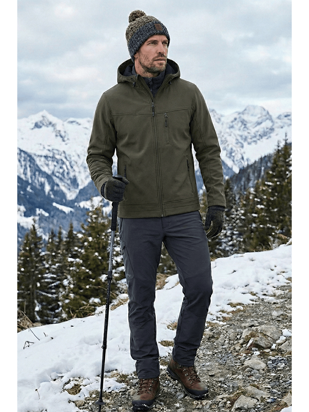 Haki Erkek Mont İçi Polarlı Softshell Mont Su ve Rüzgar Geçirmez Kapüşonlu Spor Mont-3