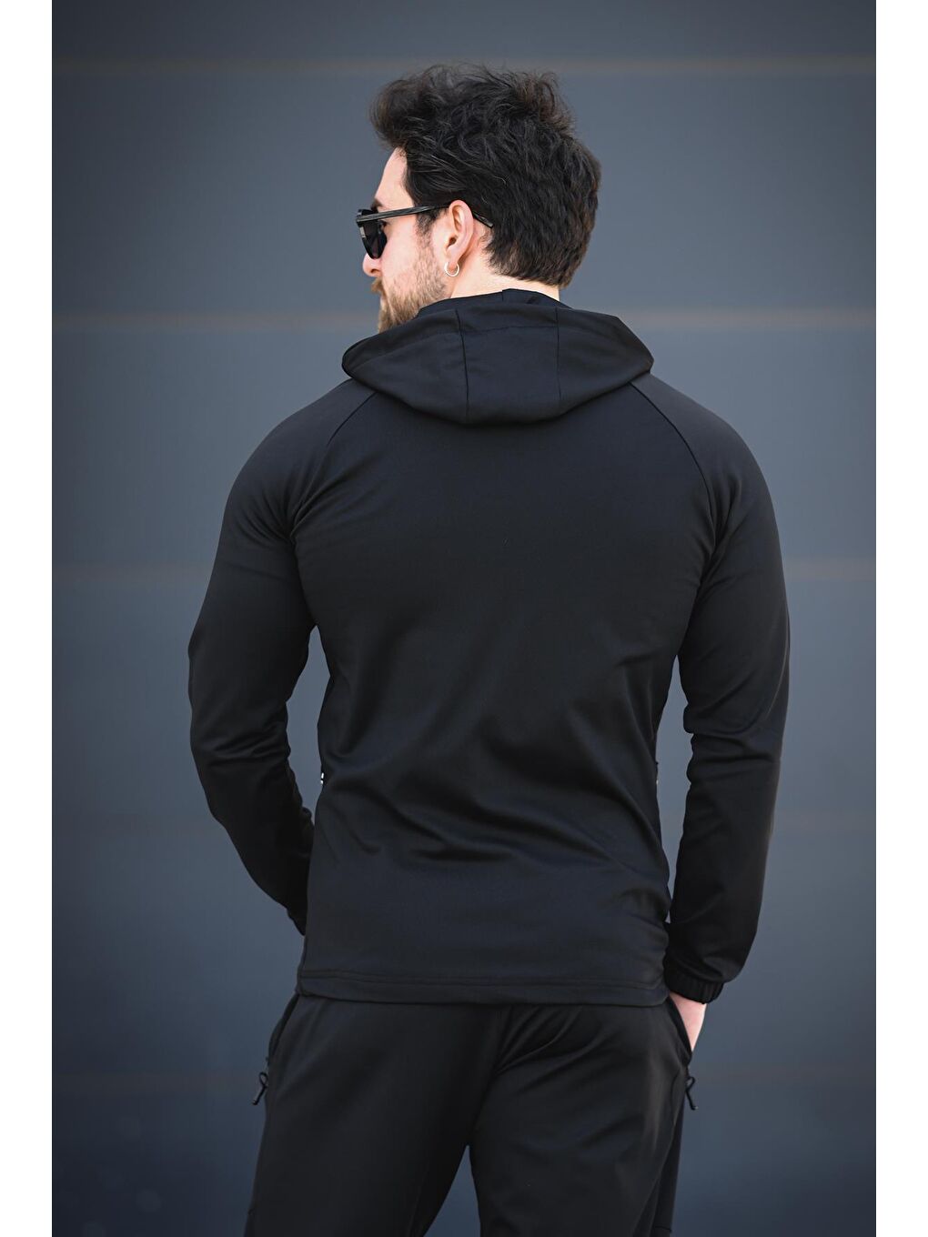 Siyah Remi Slim Fit Dalgıç Kumaş Kapüşonlu Fermuarlı Erkek Eşofman Takımı-2