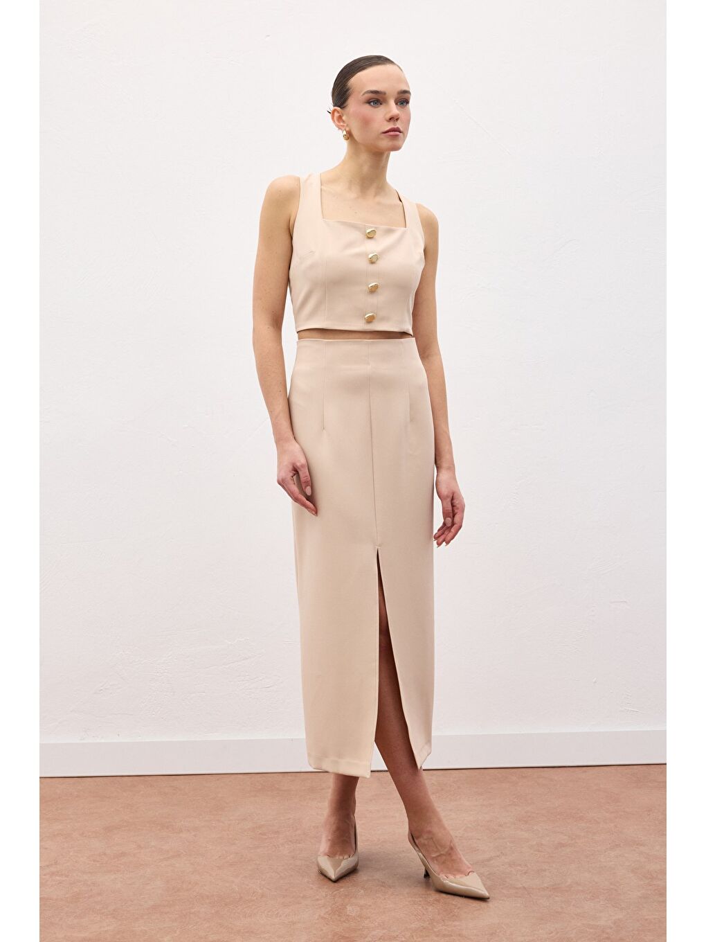 Yırtmaçlı Midi Etek - Bej-2