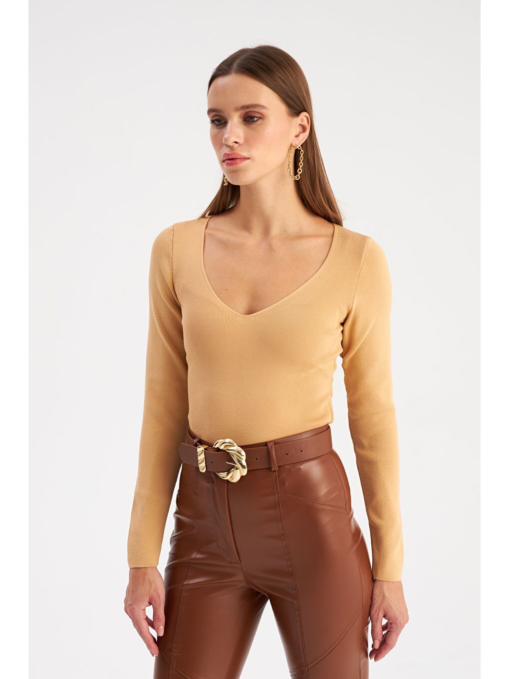 Bej V Yaka Crop Triko - Bisküvi-2