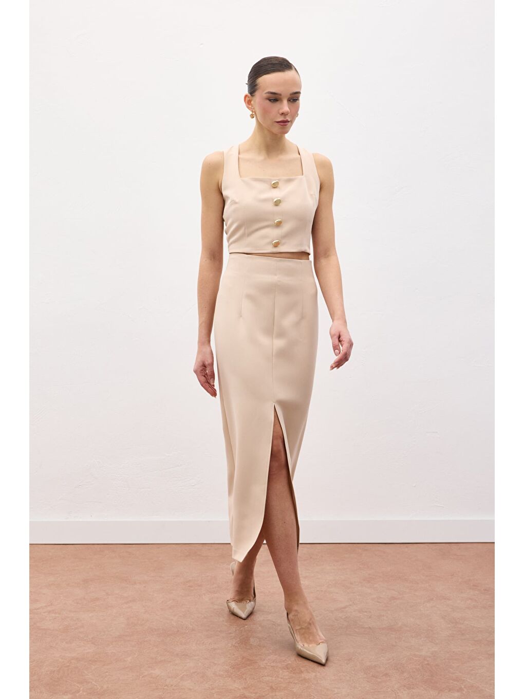 Yırtmaçlı Midi Etek - Bej-3