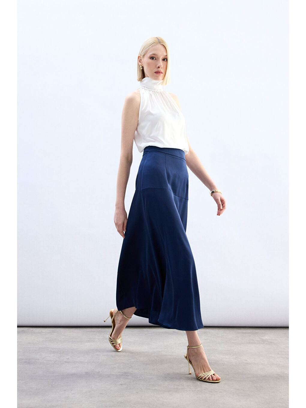 Yüksek Bel Saten Etek - Lacivert-2