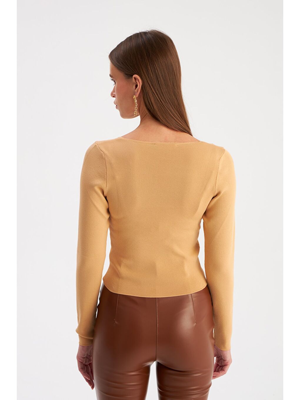 Bej V Yaka Crop Triko - Bisküvi-4