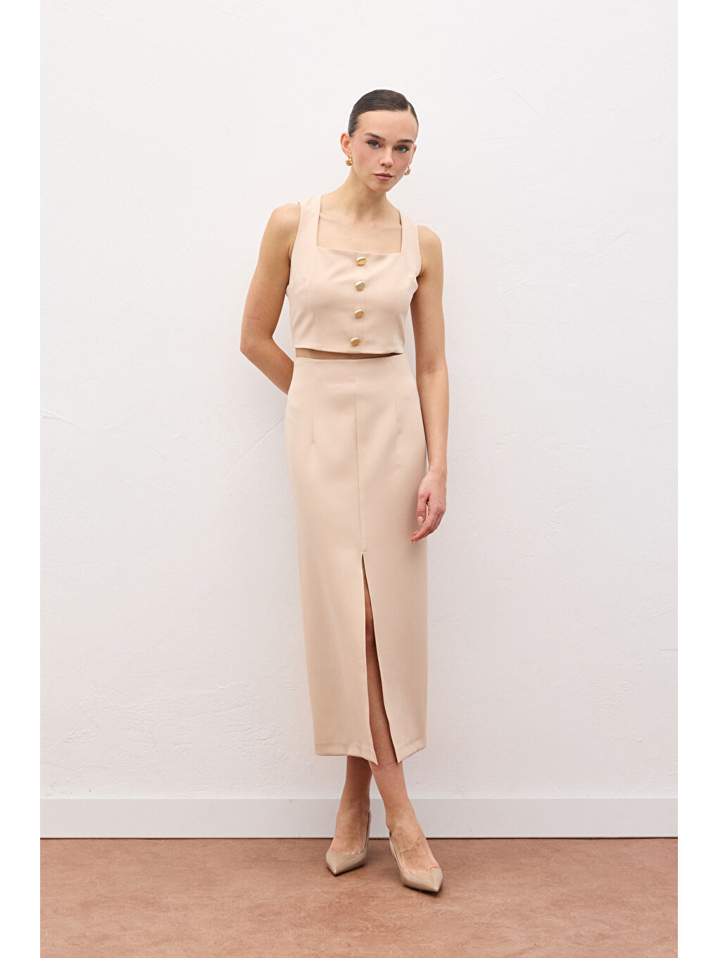 Yırtmaçlı Midi Etek - Bej-4