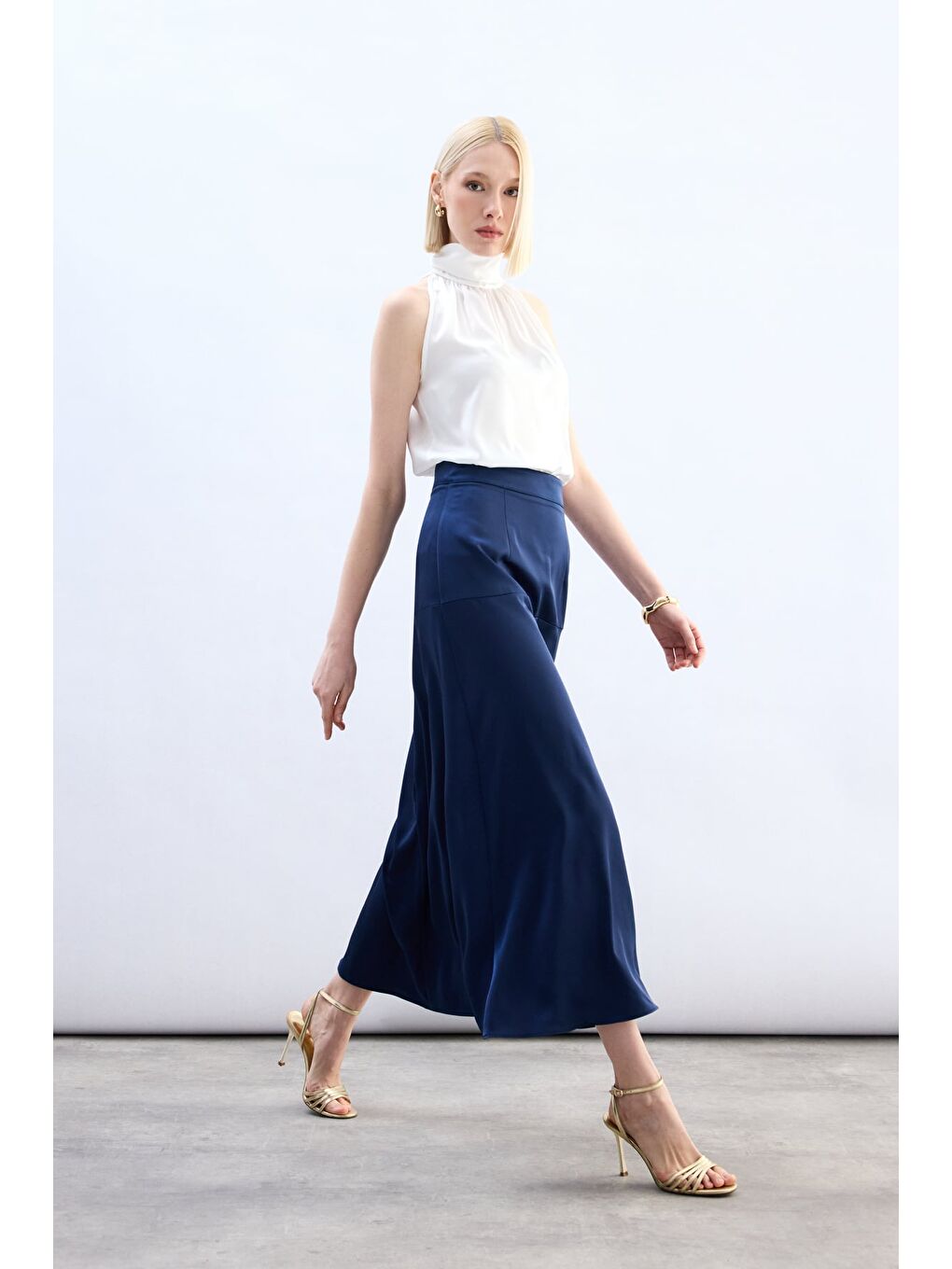 Yüksek Bel Saten Etek - Lacivert-3
