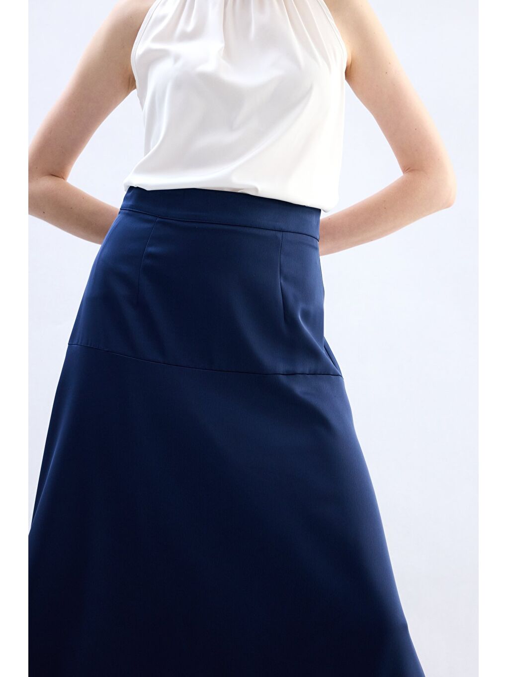 Yüksek Bel Saten Etek - Lacivert-5