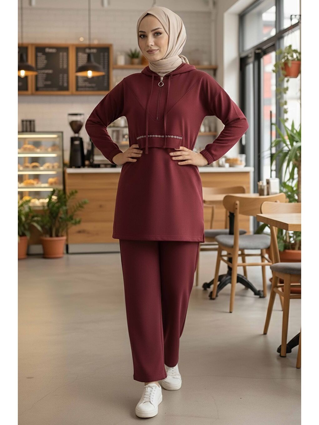 Taş Detaylı Bileği Lastikli Modal İkili Takım Bordo - 1001-BORDO-1