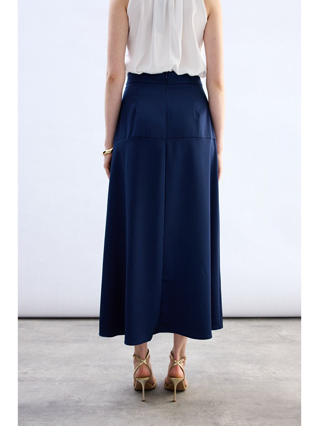 Yüksek Bel Saten Etek - Lacivert-6