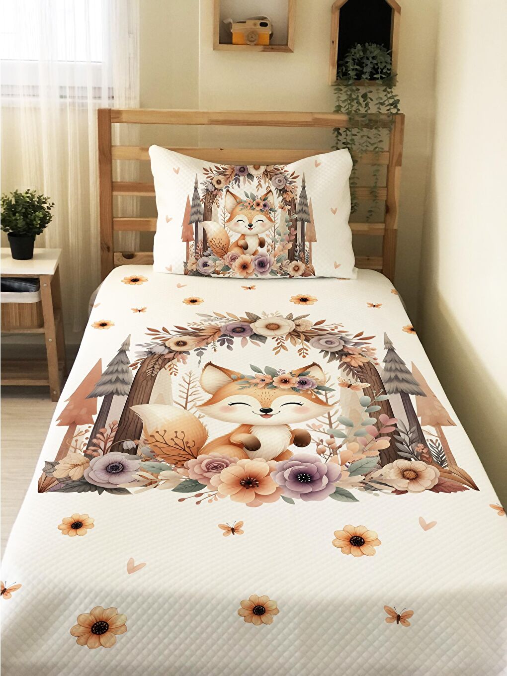 Karışık Sevimli Tilki Desenli Tek Kişilik Ve Çocuk Tek Kişilik Pike Takımı 160x220 cm