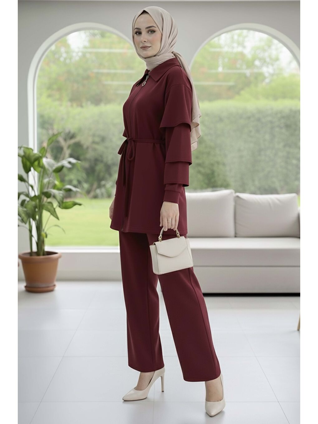 Kolları Fırfırlı Modal İkili Takım Bordo - 089-BORDO-1