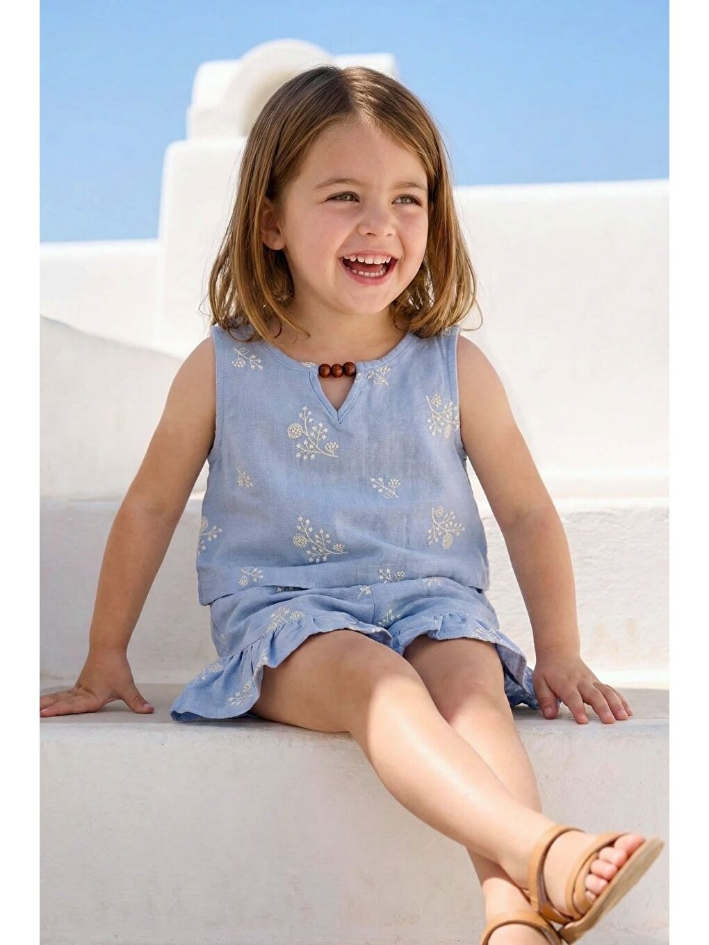 Kız Çocuk Nakışlı Bluz Ve Şort Takım - Mavi-1