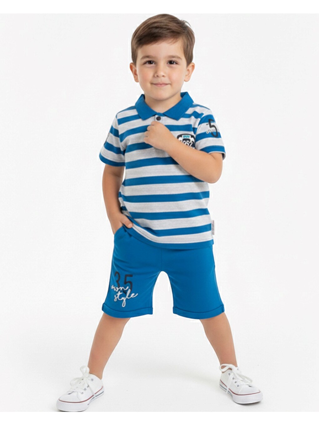 Mavi Erkek Çocuk Günlük Çizgili Polo Yakalı T-shirt Ve Şort Alt Üst Takımı
