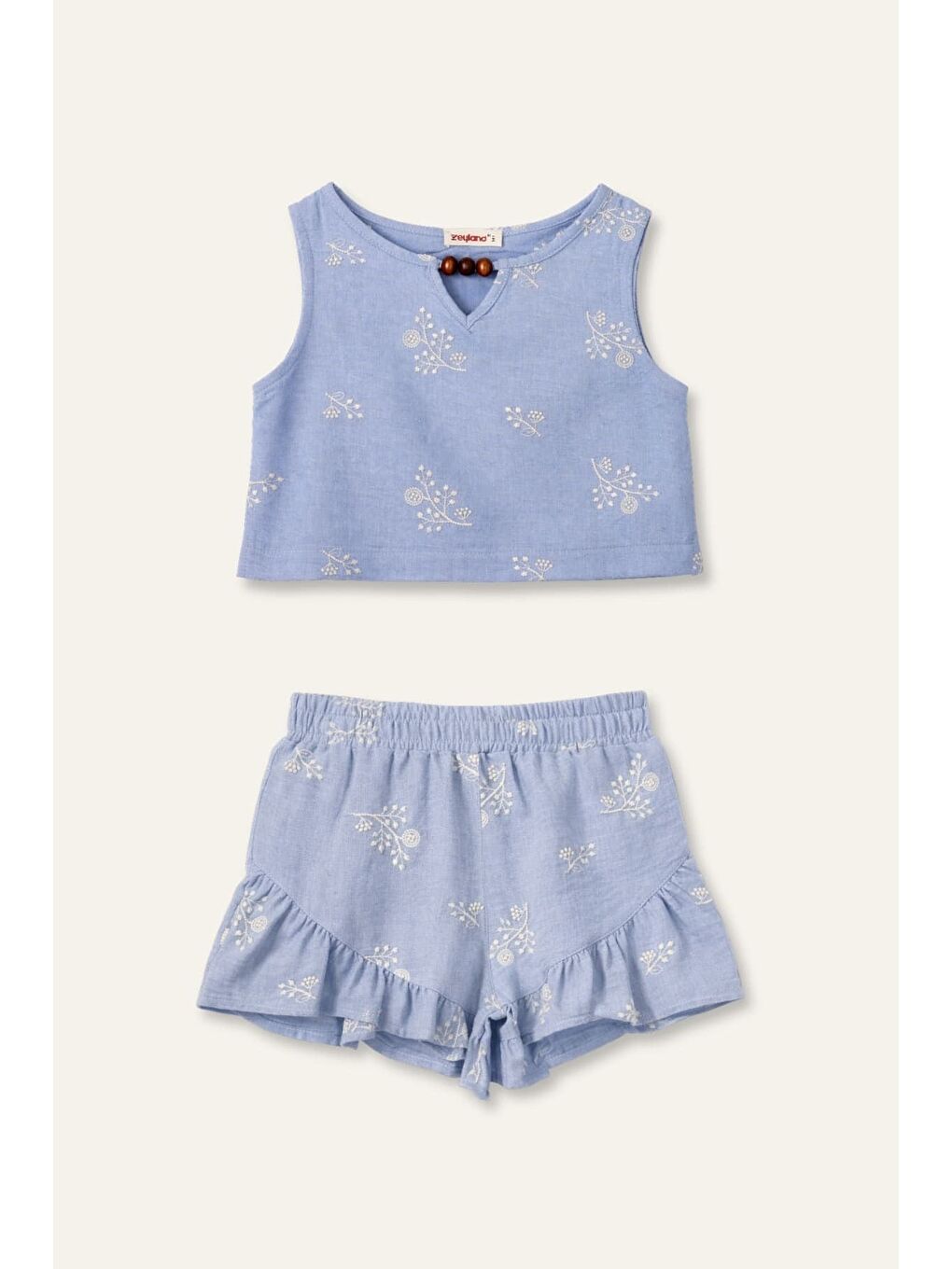 Kız Çocuk Nakışlı Bluz Ve Şort Takım - Mavi-3