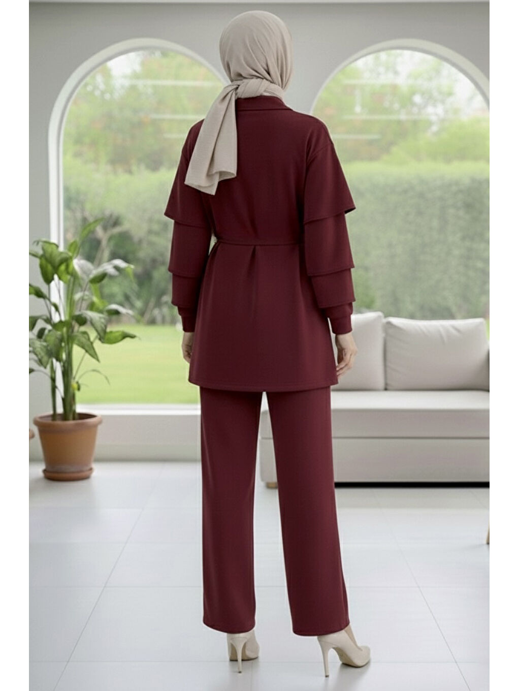 Kolları Fırfırlı Modal İkili Takım Bordo - 089-BORDO-2