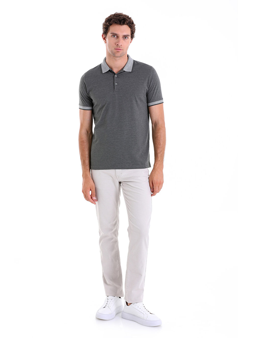 Haki Gri Regular Fit Düz Polo Yaka Pamuklu Tişört-1