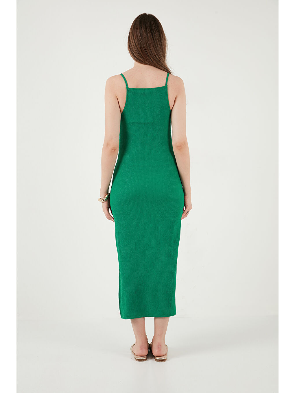 Yeşil İp Askılı Fitted-Vücuda Oturan Yırtmaçlı Midi Kadın Elbise 5865573-6