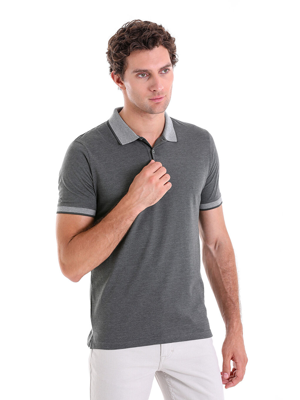 Haki Gri Regular Fit Düz Polo Yaka Pamuklu Tişört-2