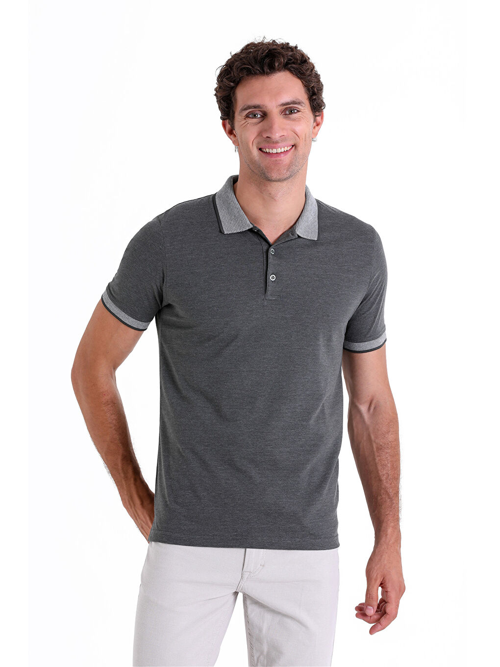 Haki Gri Regular Fit Düz Polo Yaka Pamuklu Tişört-3