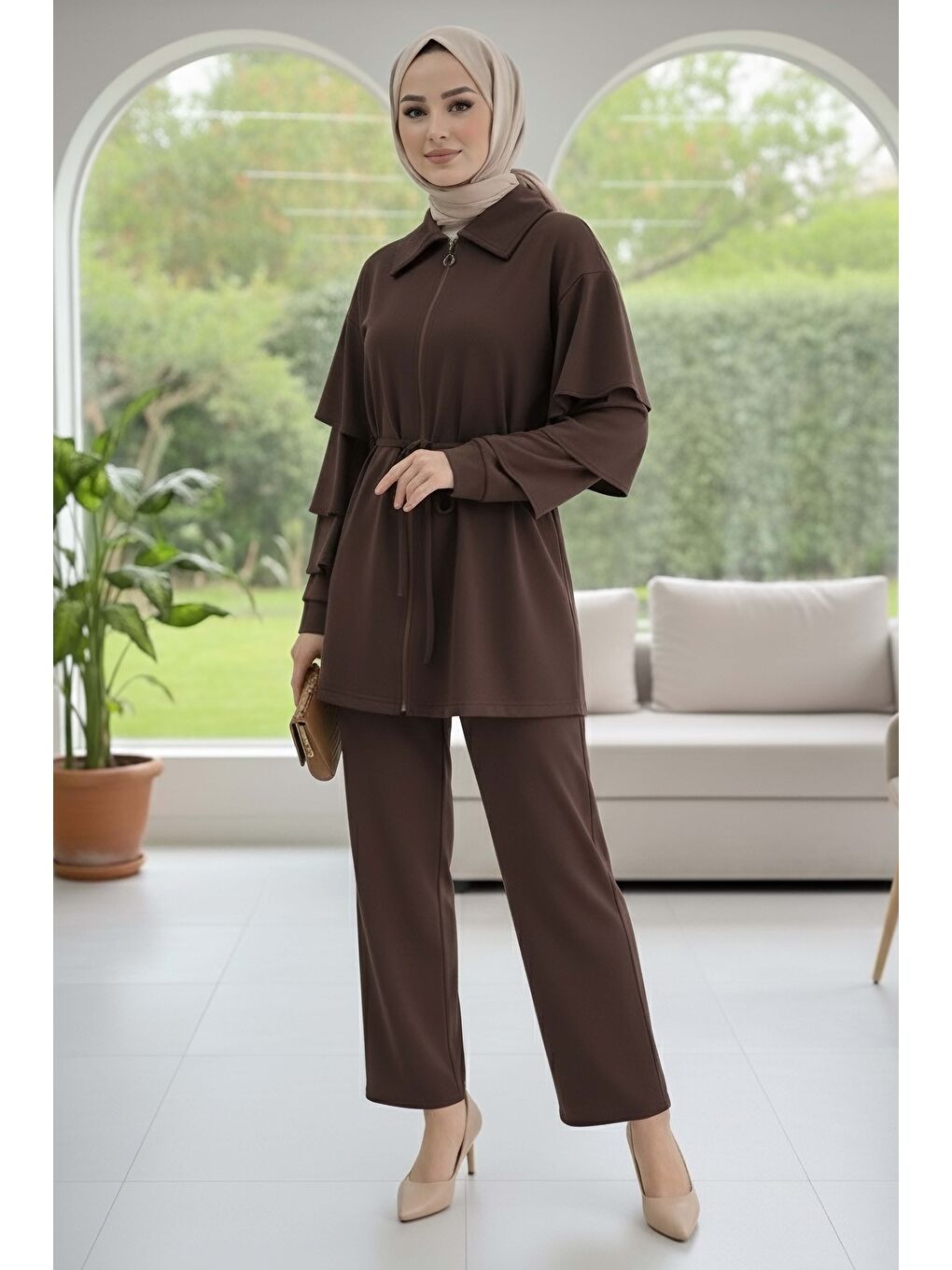 Kahverengi Kolları Fırfırlı Modal İkili Takım Kahve - 089-KAHVE-1