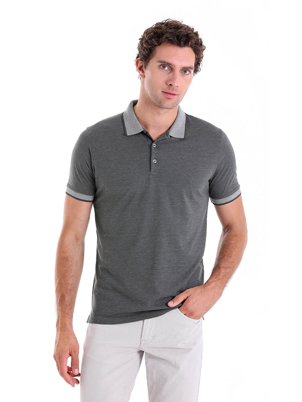 Haki Gri Regular Fit Düz Polo Yaka Pamuklu Tişört-4