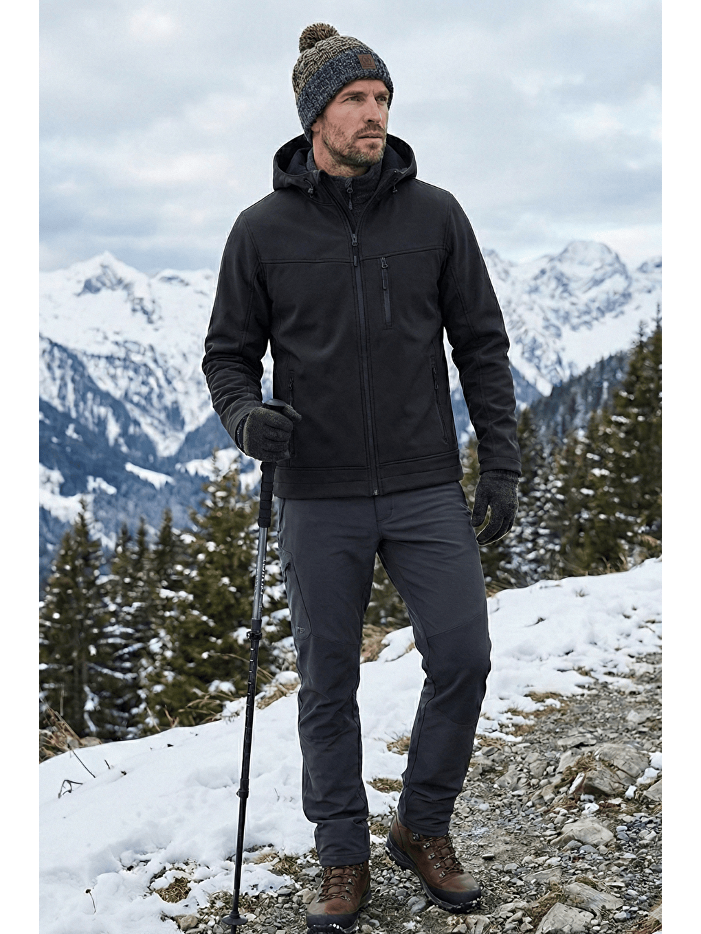 Siyah Erkek Mont İçi Polarlı Softshell Mont Su ve Rüzgar Geçirmez Kapüşonlu Spor Mont-3