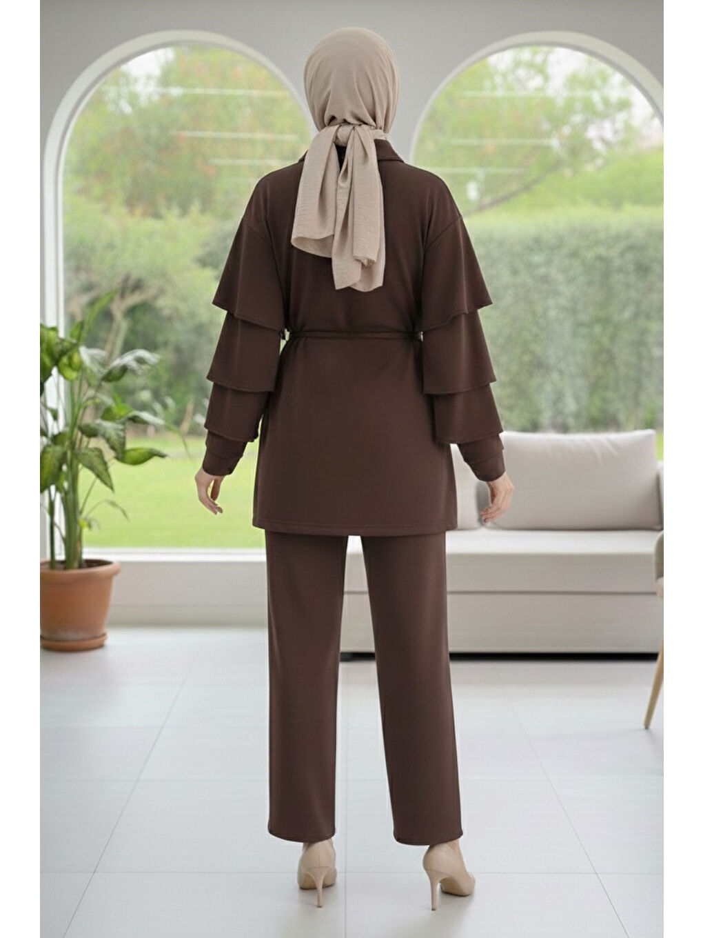 Kahverengi Kolları Fırfırlı Modal İkili Takım Kahve - 089-KAHVE-2